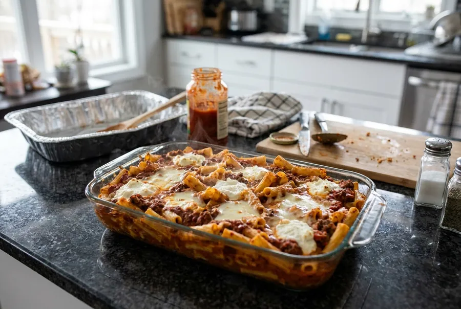 Baked ziti with melted mozzarella in a baking dish, fresh from the oven