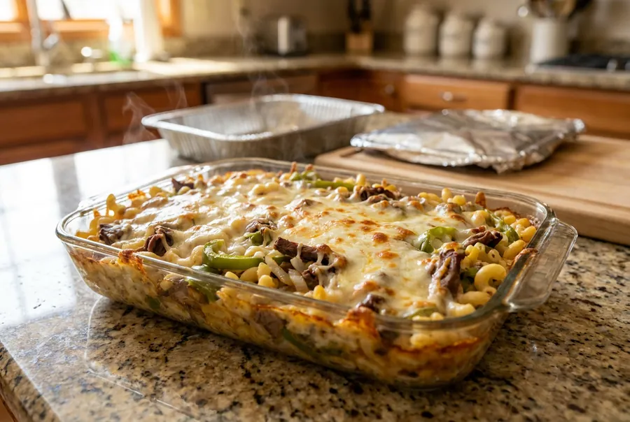 Cheesesteak casserole in a glass baking dish, fresh from the oven