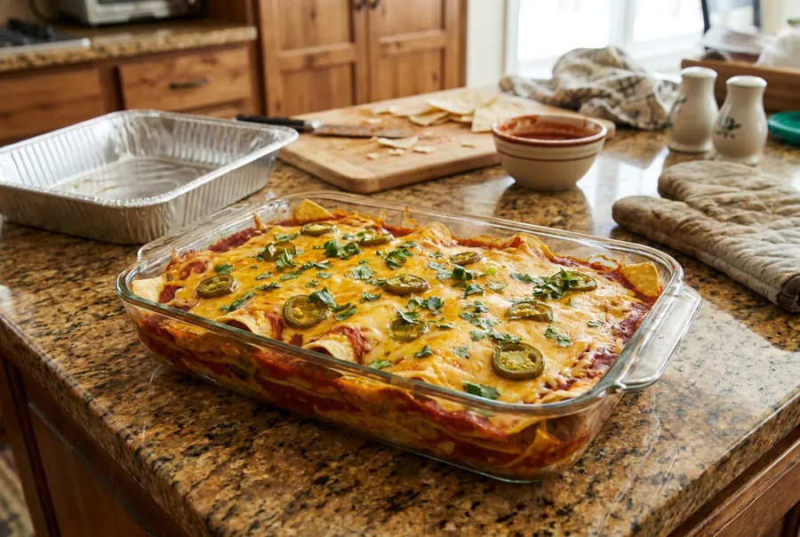 Enchilada casserole topped with melted cheese in a baking dish, fresh from the oven
